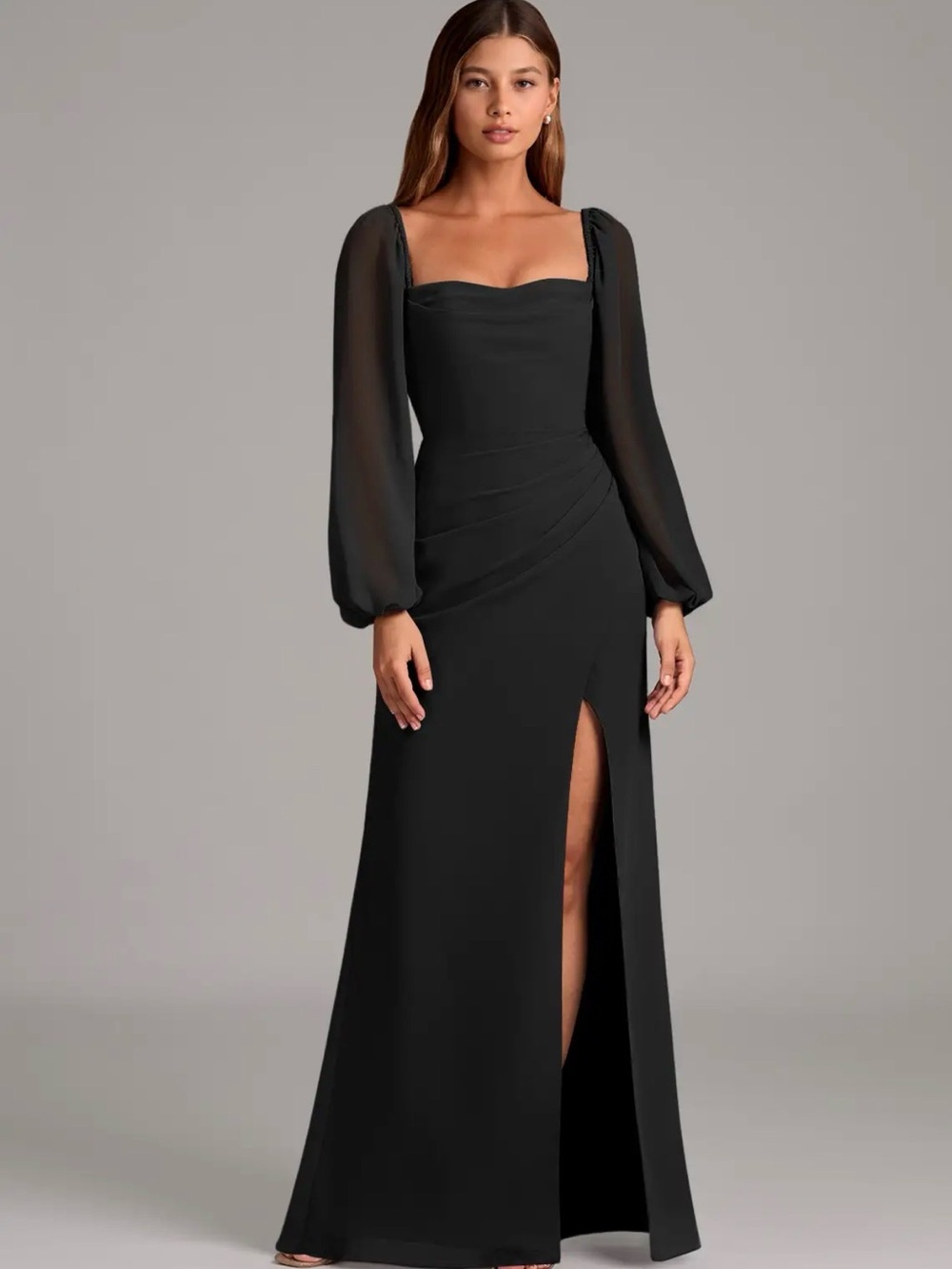 Azazie Black Long-Sleeve Maxi Dress with Square Neck and Side Slit